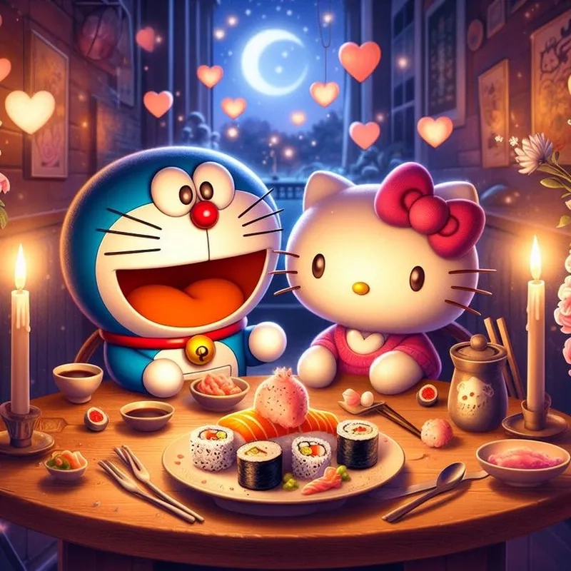 Bộ đôi dễ thương trong hello kitty và hello doraemon 