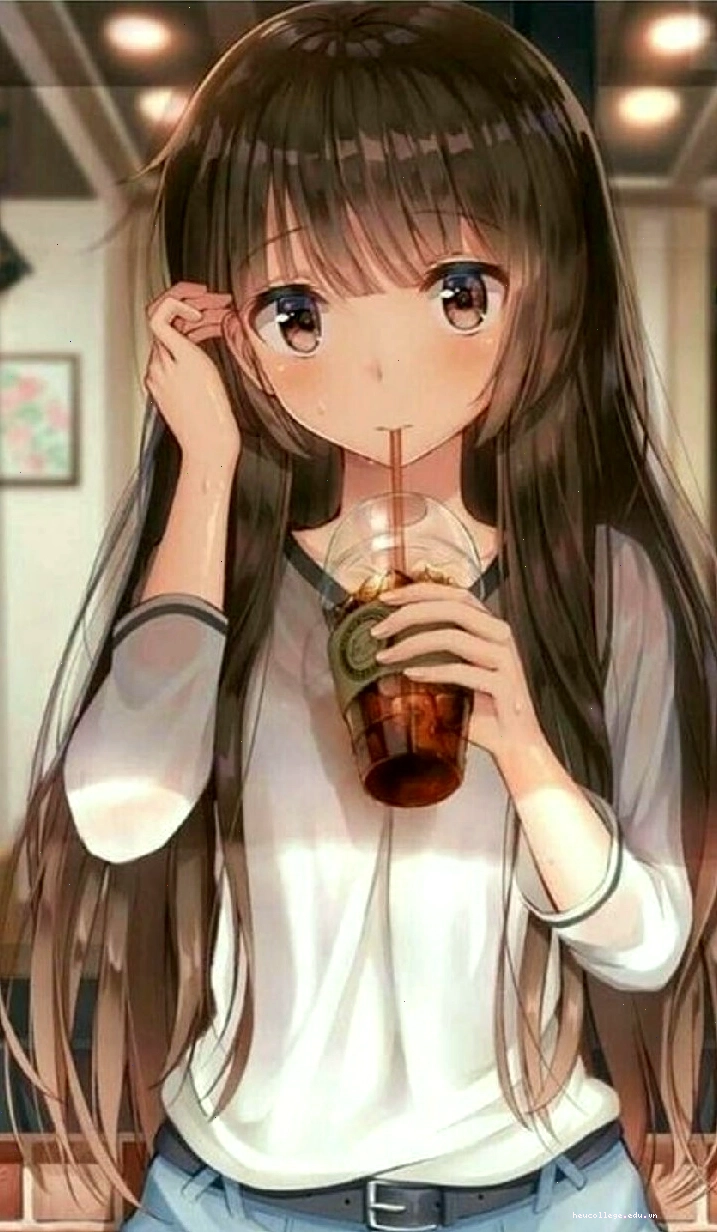 Ảnh nền anime nữ đang thưởng thức trà sữa, thể hiện sự dễ thương
