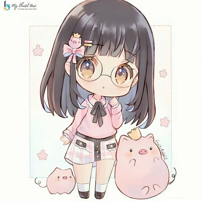 Anime chibi nữ cute đang chơi đùa cùng thú cưng