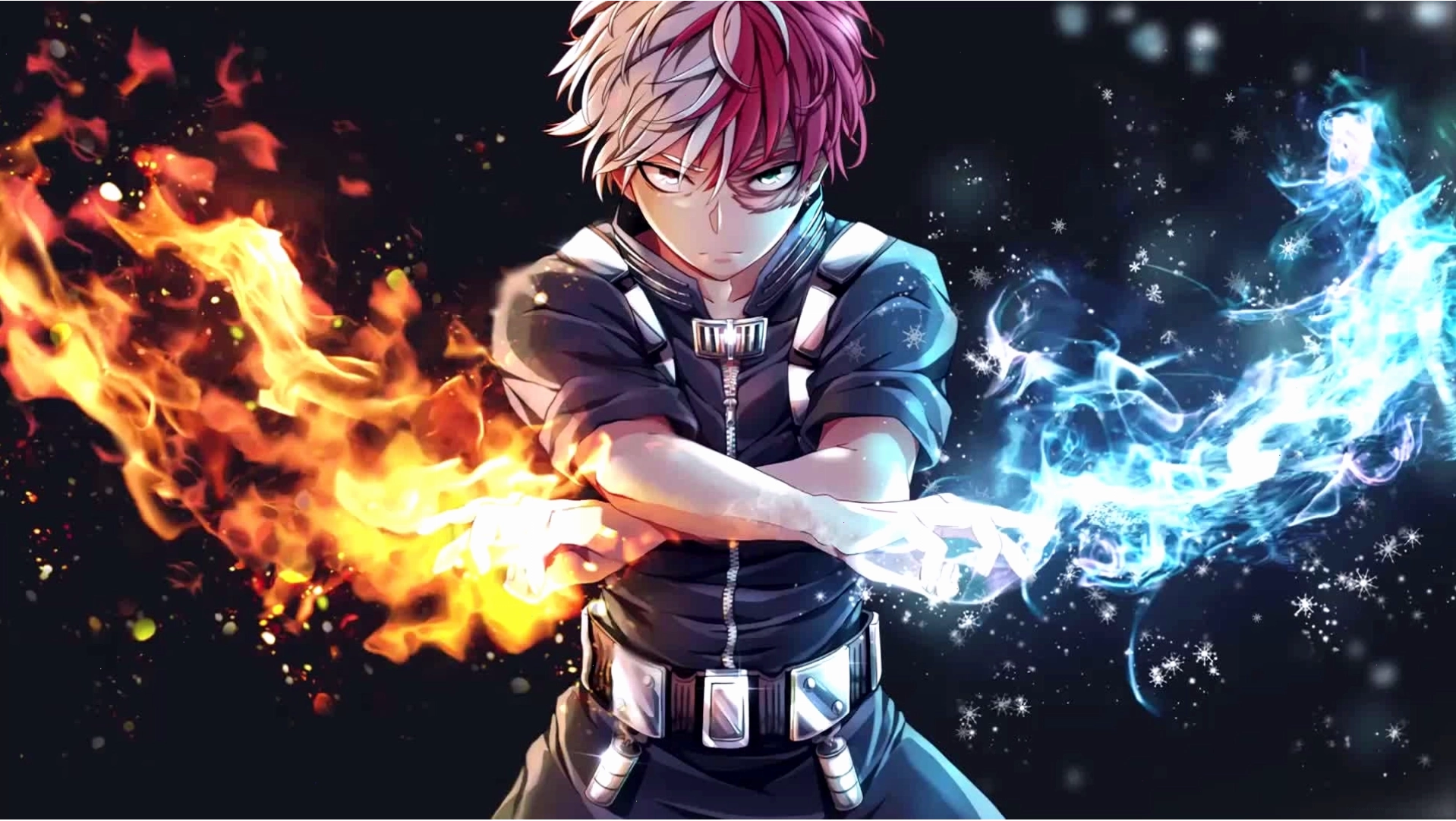 Anime Live Todoroki Wallpaper với hiệu ứng lửa và băng