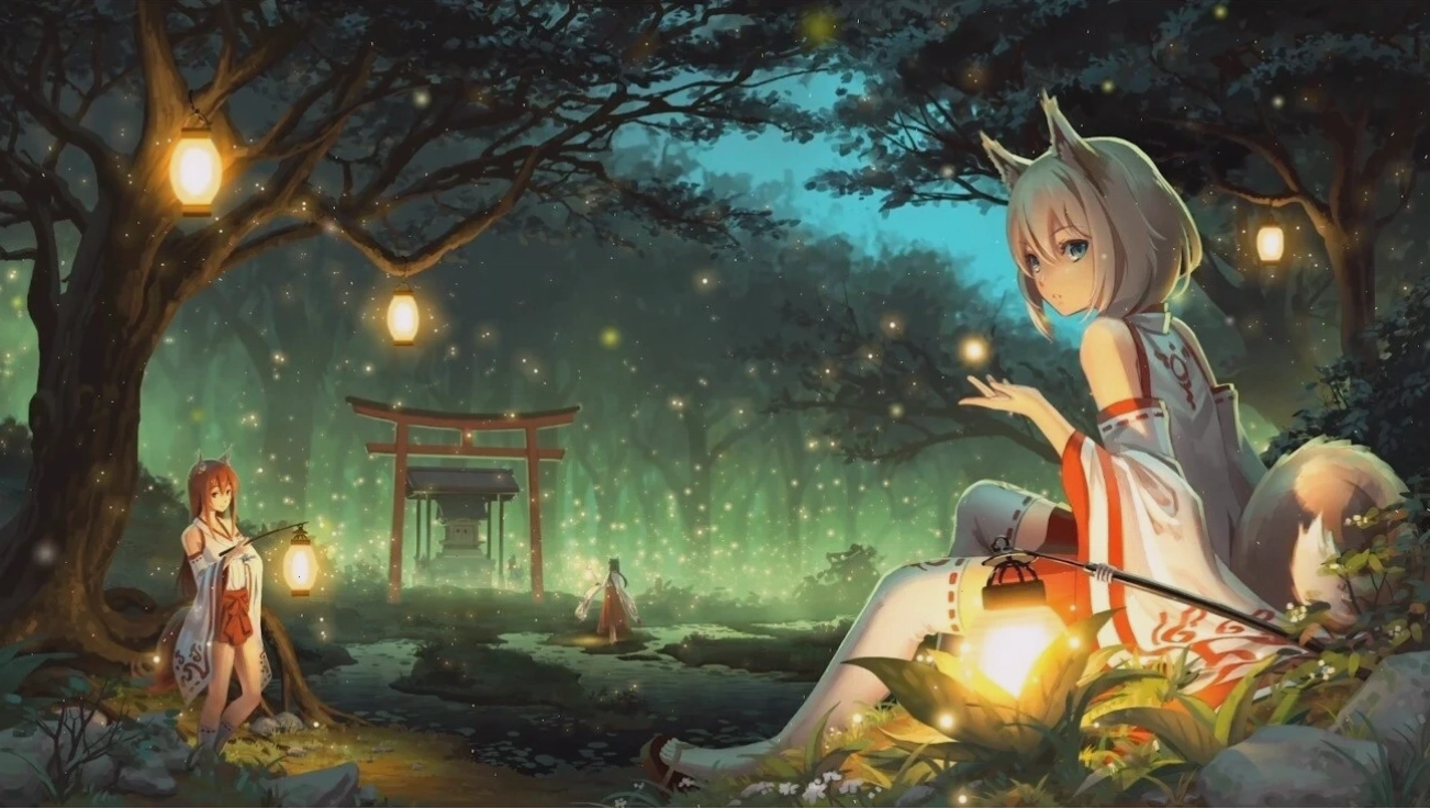 Background anime với gam màu tối và nhân vật ấn tượng