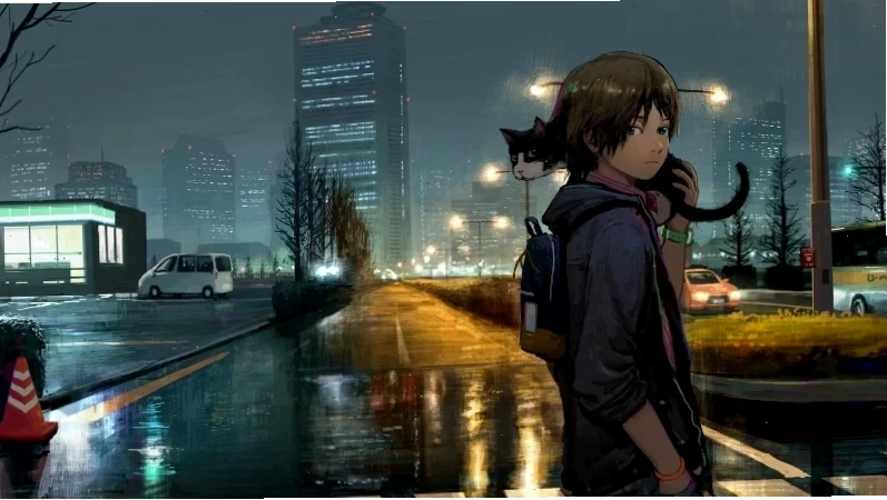 Bức hình anime nam bên thú cưng đáng yêu