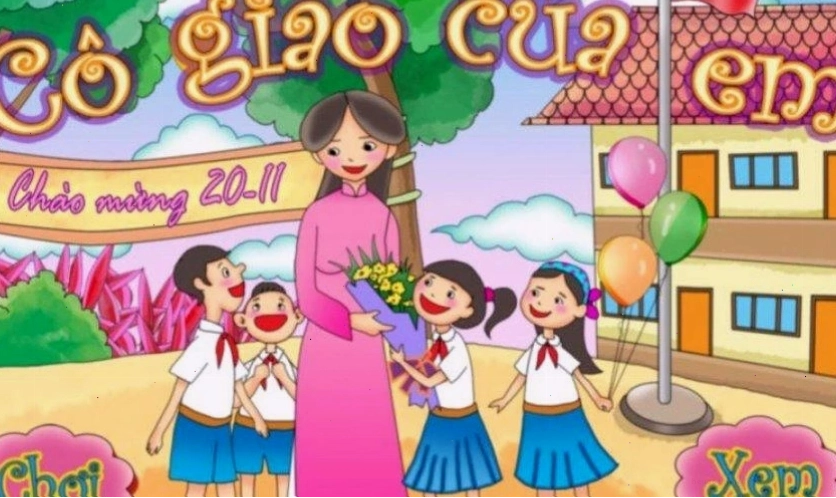 Bức tranh vẽ 20/11 theo phong cách anime với hình ảnh cô giáo và học sinh thân thiện