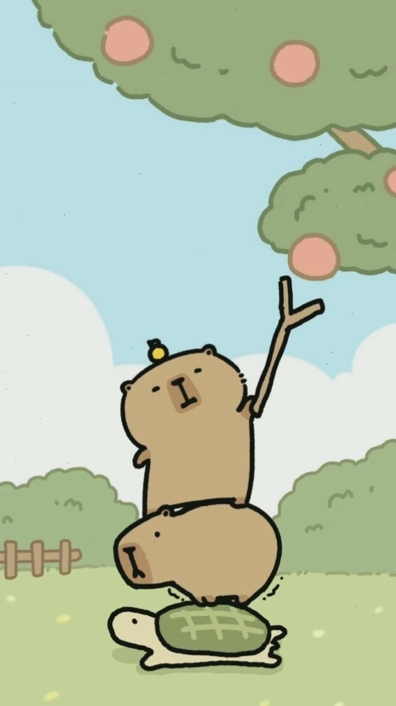 Capybara xếp chồng lên rùa hái quả