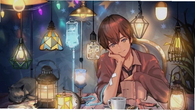 Cậu bé anime dễ thương bên bàn cafe