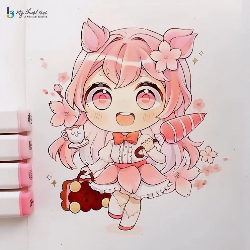 Chibi girl dễ thương với mái tóc hồng và trang phục váy xòe