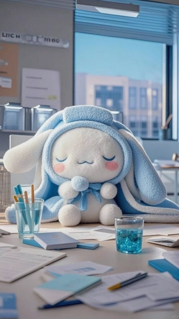 Cinnamoroll ngủ gật bên bàn học vibe chăm ngoan