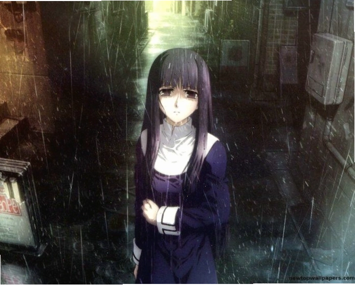 Cô gái anime đứng dưới mưa buồn bã