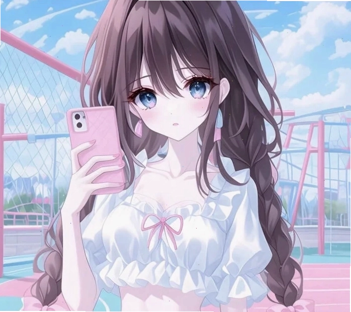 Cô gái anime với ánh mắt sắc sảo và mái tóc tím dài tuyệt đẹp