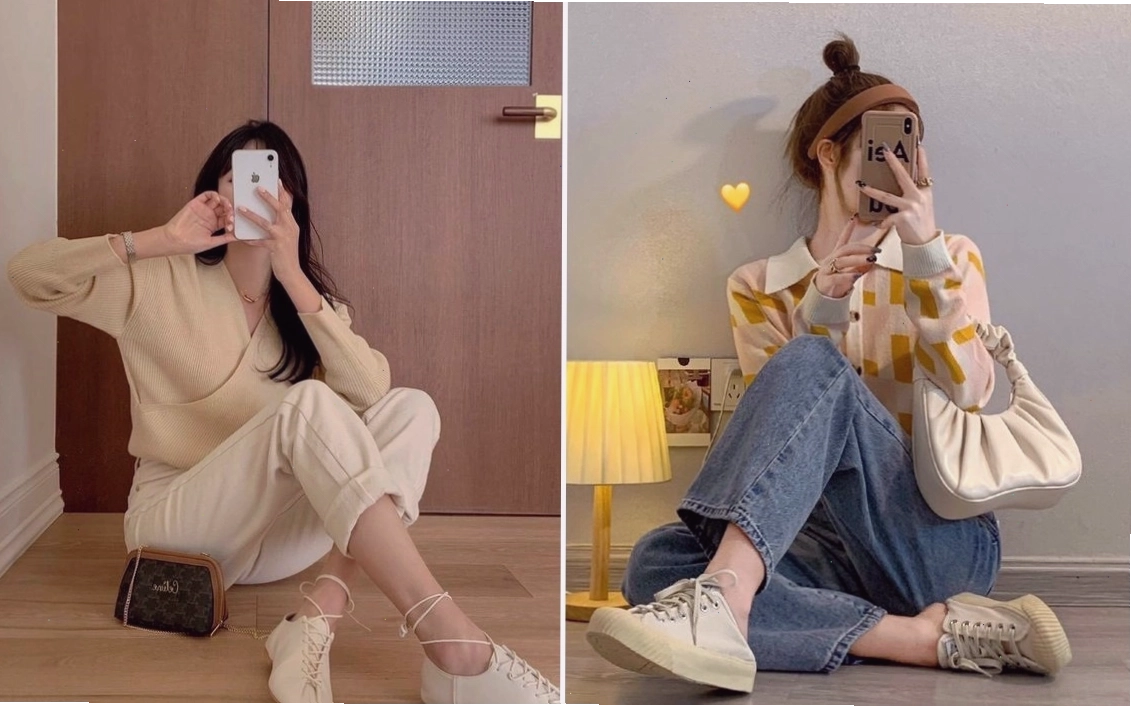 Cô gái ngồi tạo dáng chụp ảnh trước gương
