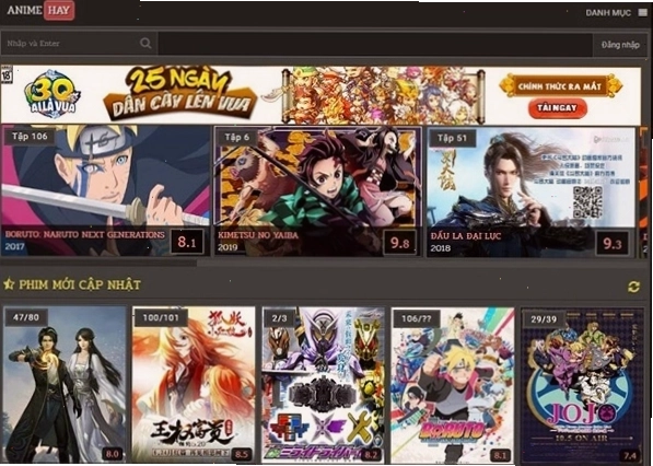 Giao diện trang web Animehay.tv