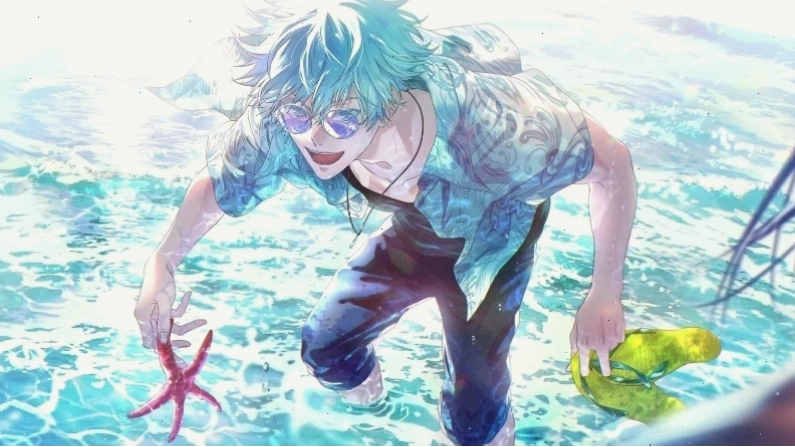 Hình ảnh anime nam với trang phục biển cả xanh mát