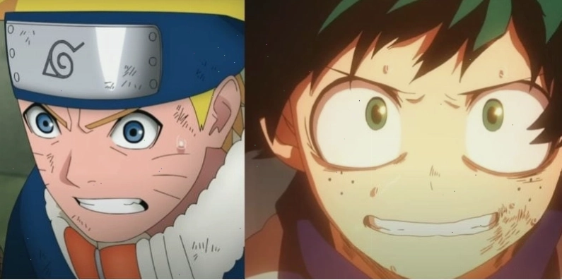 Phong cách Shounen với các cảnh hành động mãn nhãn và nhân vật nam mạnh mẽ trong Naruto và My Hero Academia