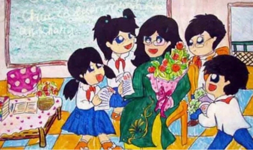 Tranh vẽ 20/11 anime với biểu tượng tri thức và sự phát triển