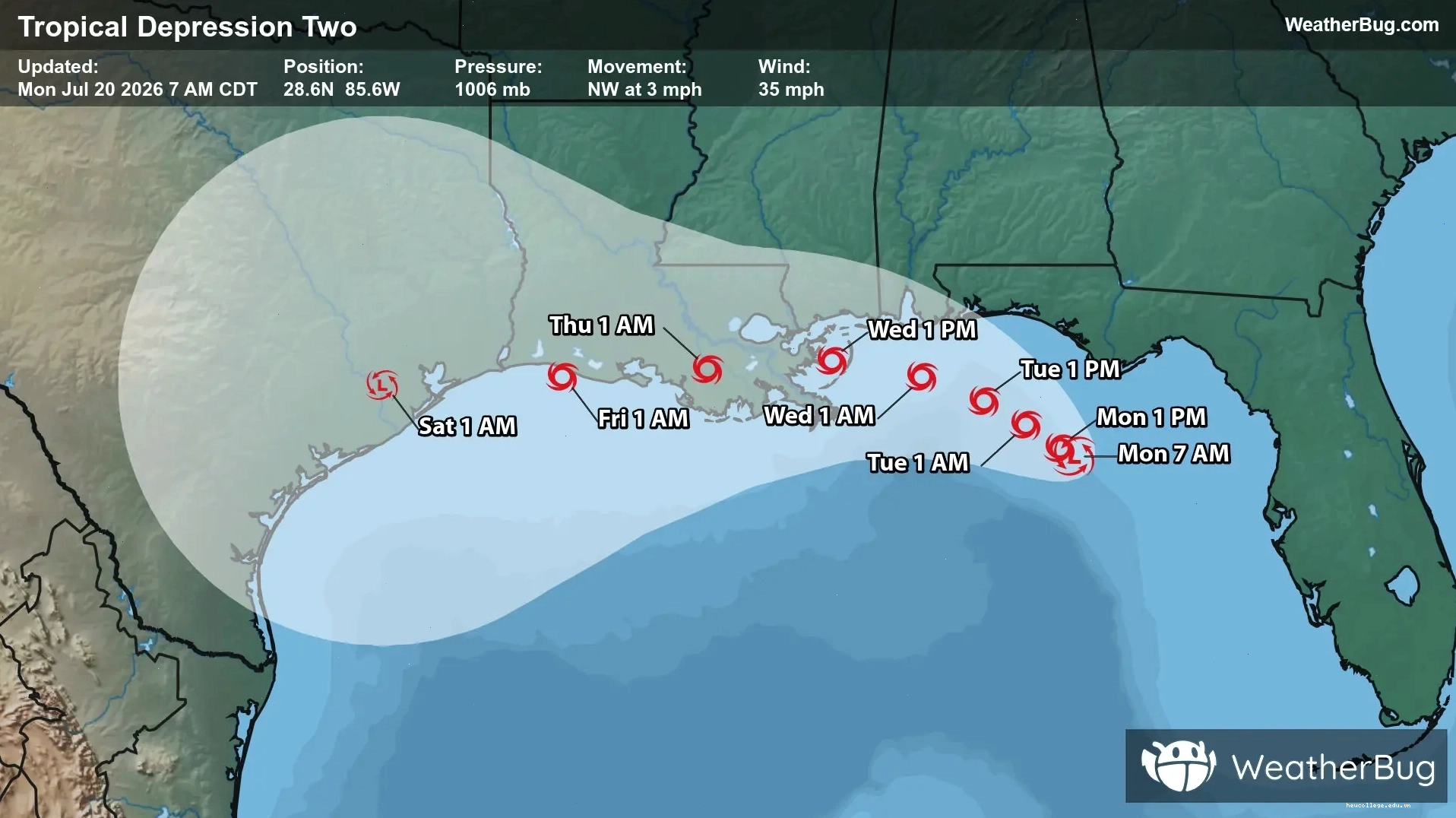 Satellite track showing Tropical Depression Two forecast trajectory