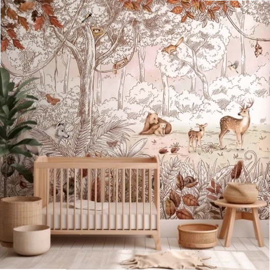 Birch Autumnal watercolor wallpaper in a soft nursery