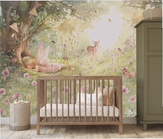 Haisley Fairy Forest wallpaper in a nursery with a green wardrobe