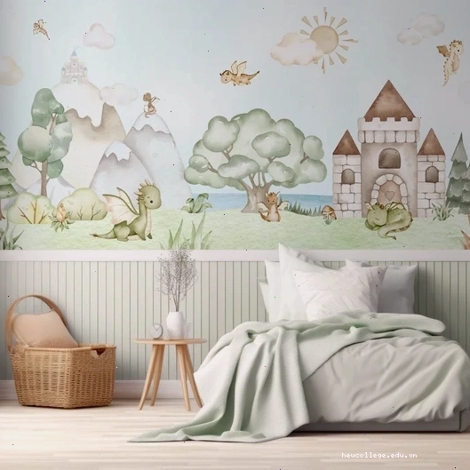 Lancelot Dragon watercolor wallpaper in a blue paneled bedroom