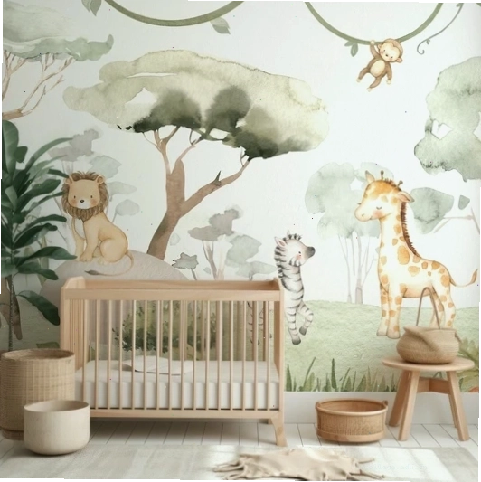 Serengeti Friends Safari Wallpaper in a wooden crib nursery