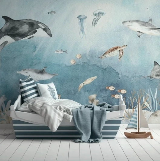 Underwater Fun watercolor wallpaper in a pirate themed room